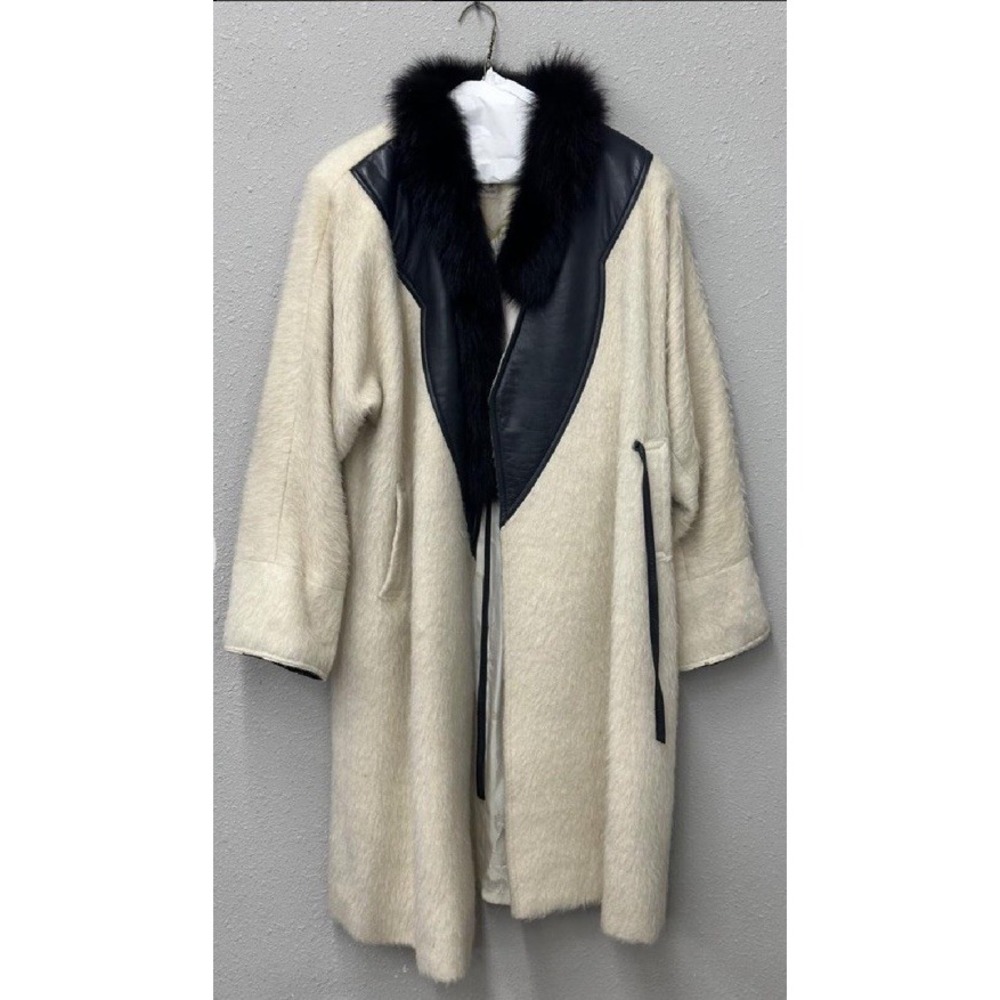 Vintage 1970-80's Korean Shearling Sheepskin Coat Black Fox Collar Womens Size L